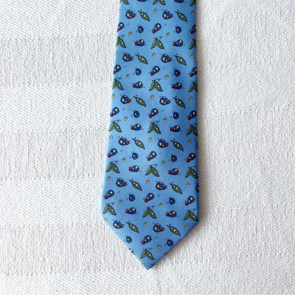 HERMES Vintage Ladybug & Peas Garden Print On Blue Silk Tie Rare